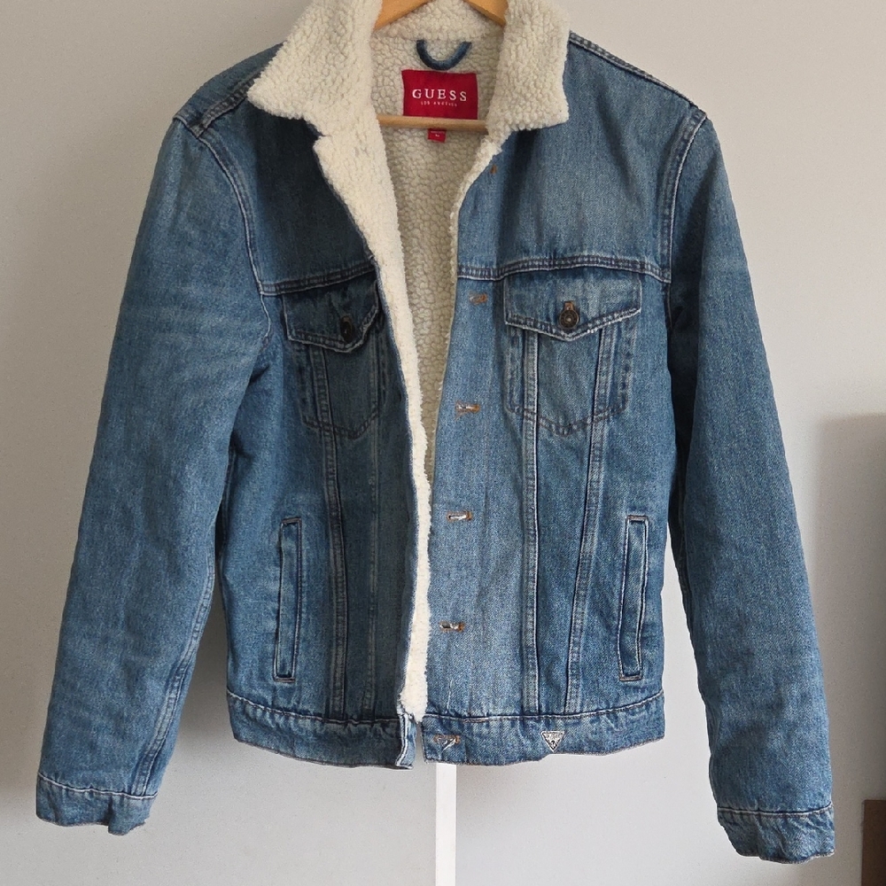 GUESS Blue Denim Jacket with Cream Sherpa Lining